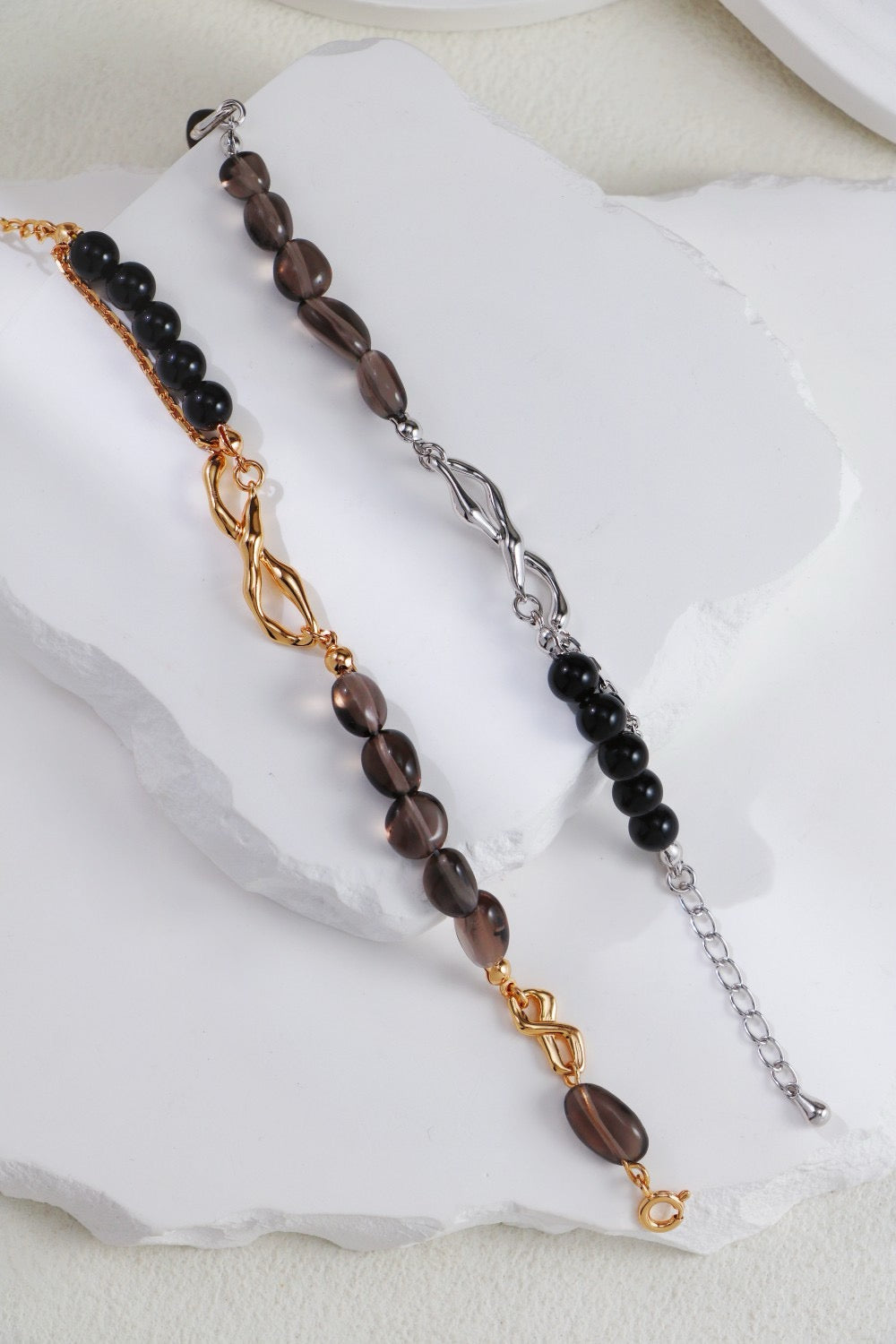 Sterling Silver Beaded Bracelet – Smoky Quartz & Black Onyx