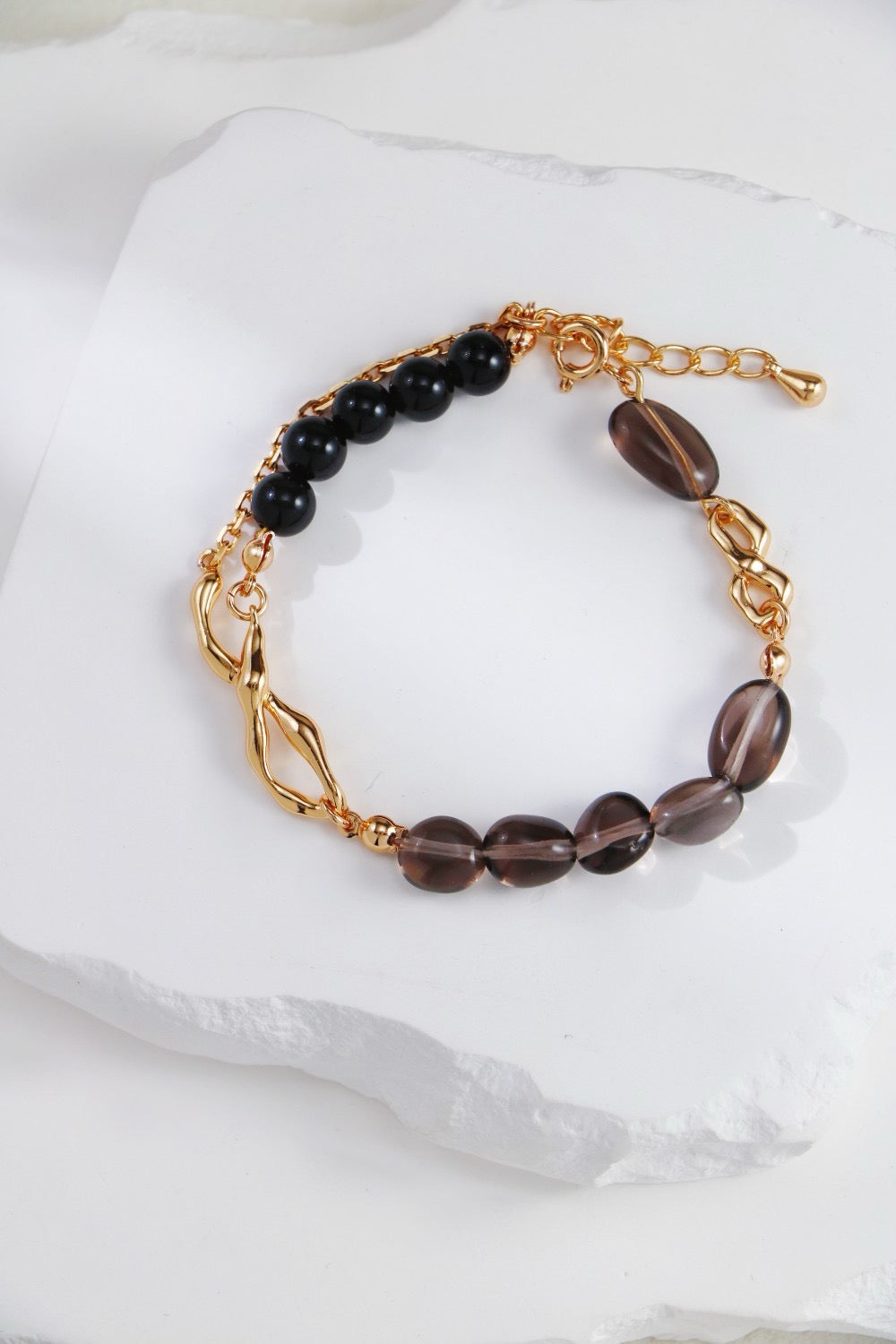 Sterling Silver Beaded Bracelet – Smoky Quartz & Black Onyx