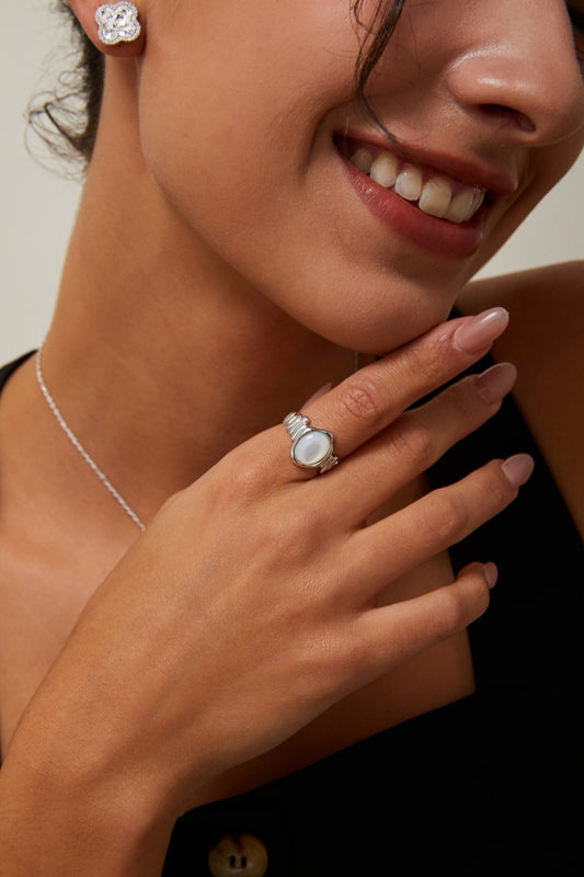 Bague tissée en argent sterling – œil de tigre et nacre