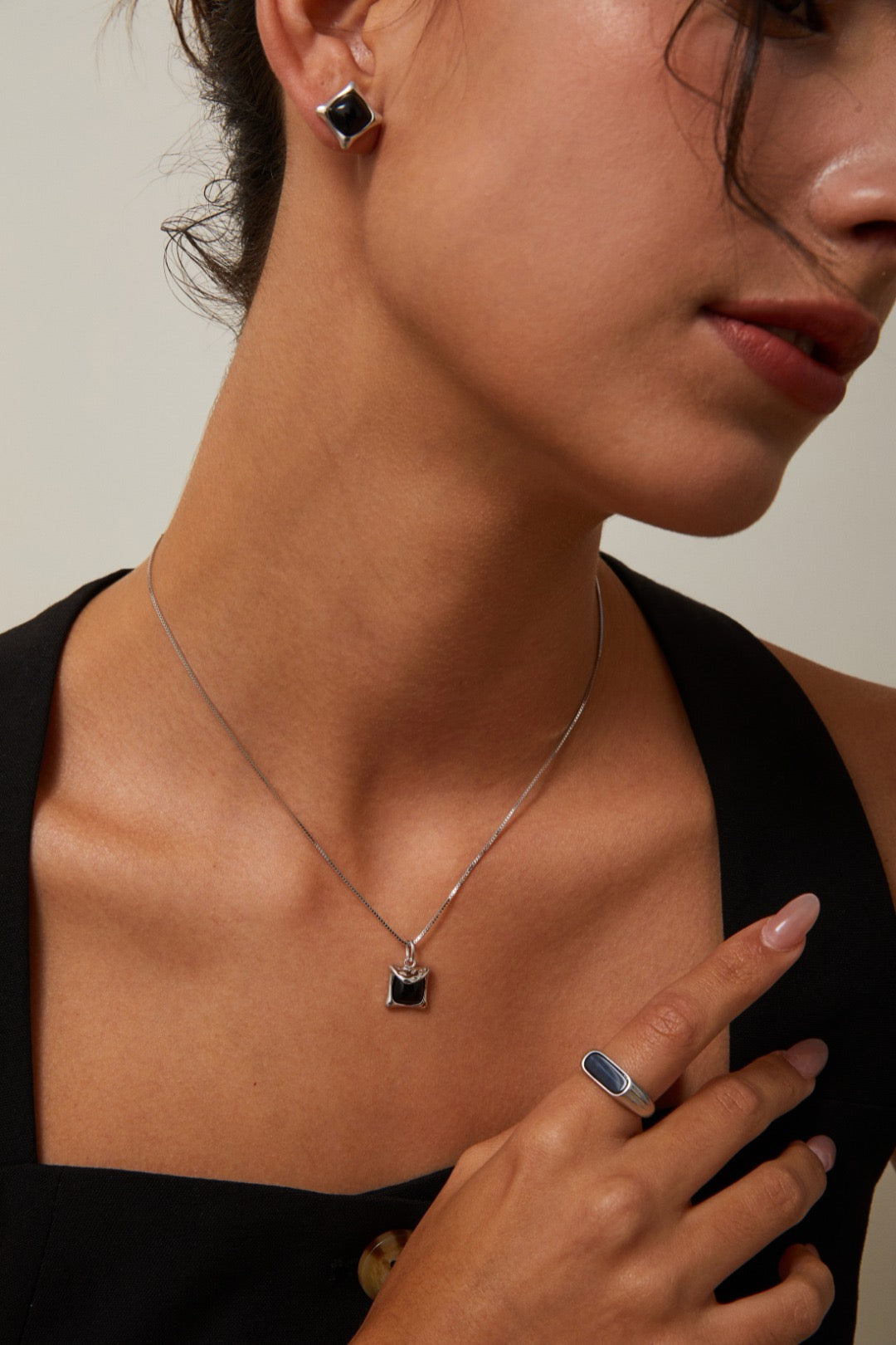 Minimalist Black Onyx Pendant Necklace Sterling Silver Chain