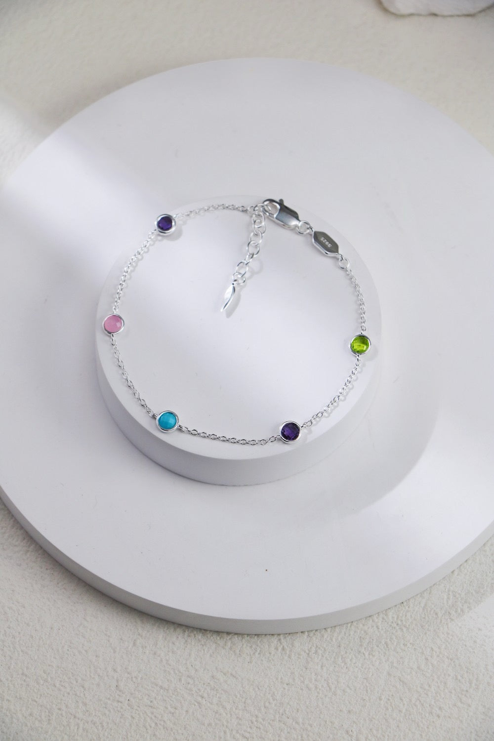Minimalist Sterling Silver Bracelet Round Diamond Cut Color Gemstones