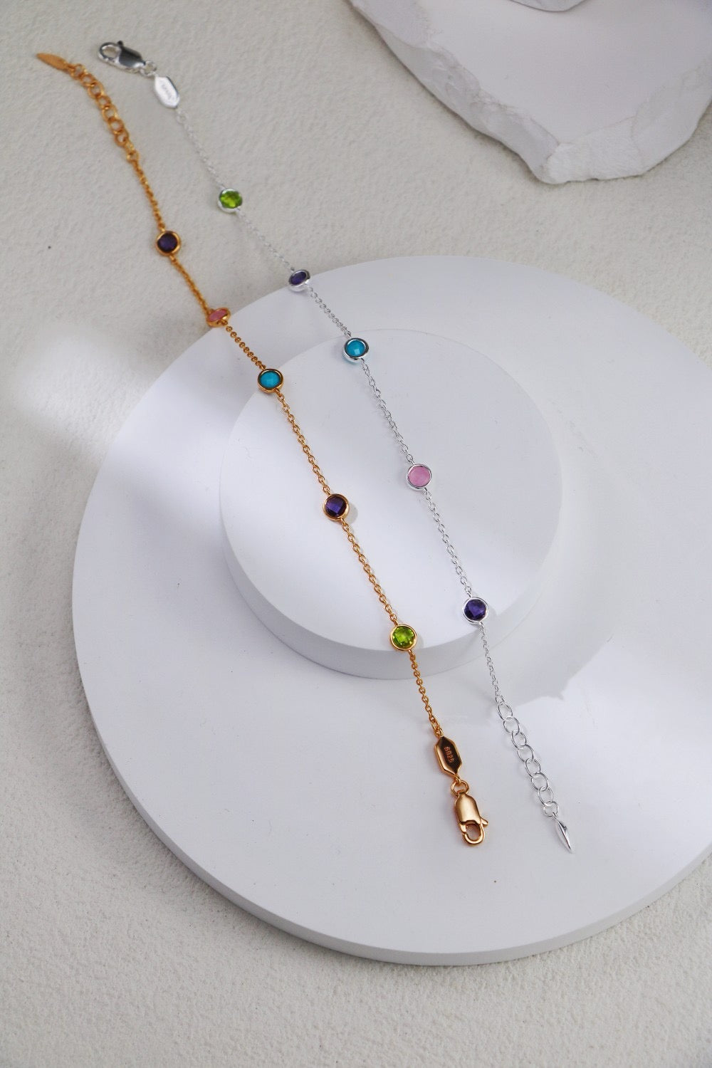 Minimalist Sterling Silver Bracelet Round Diamond Cut Color Gemstones