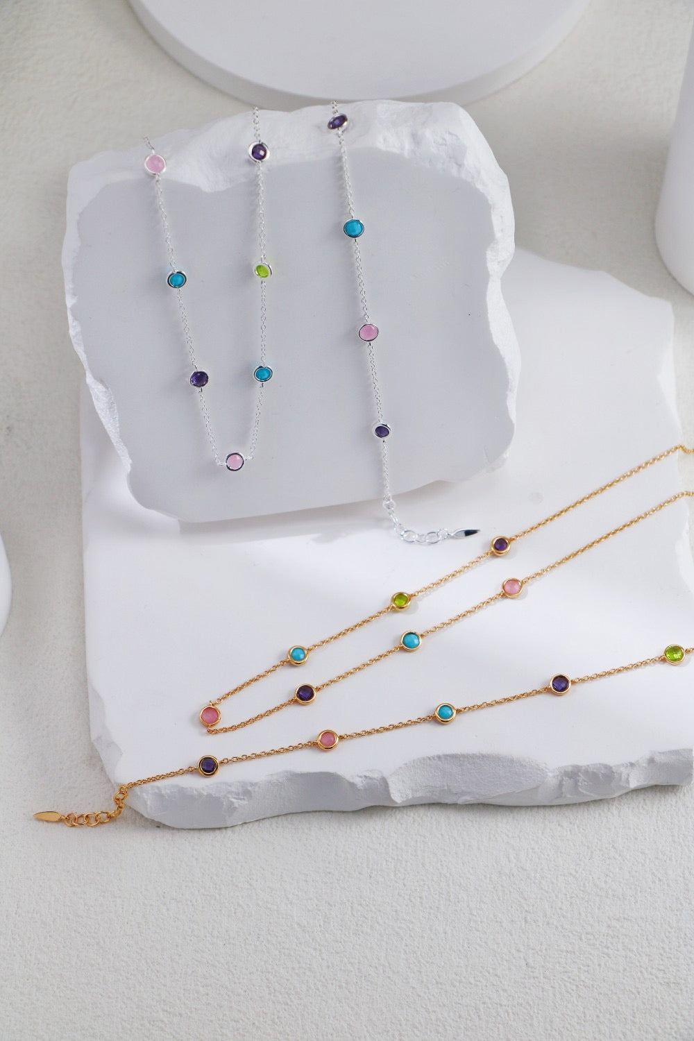 Minimalist Sterling Silver Bracelet Round Diamond Cut Color Gemstones