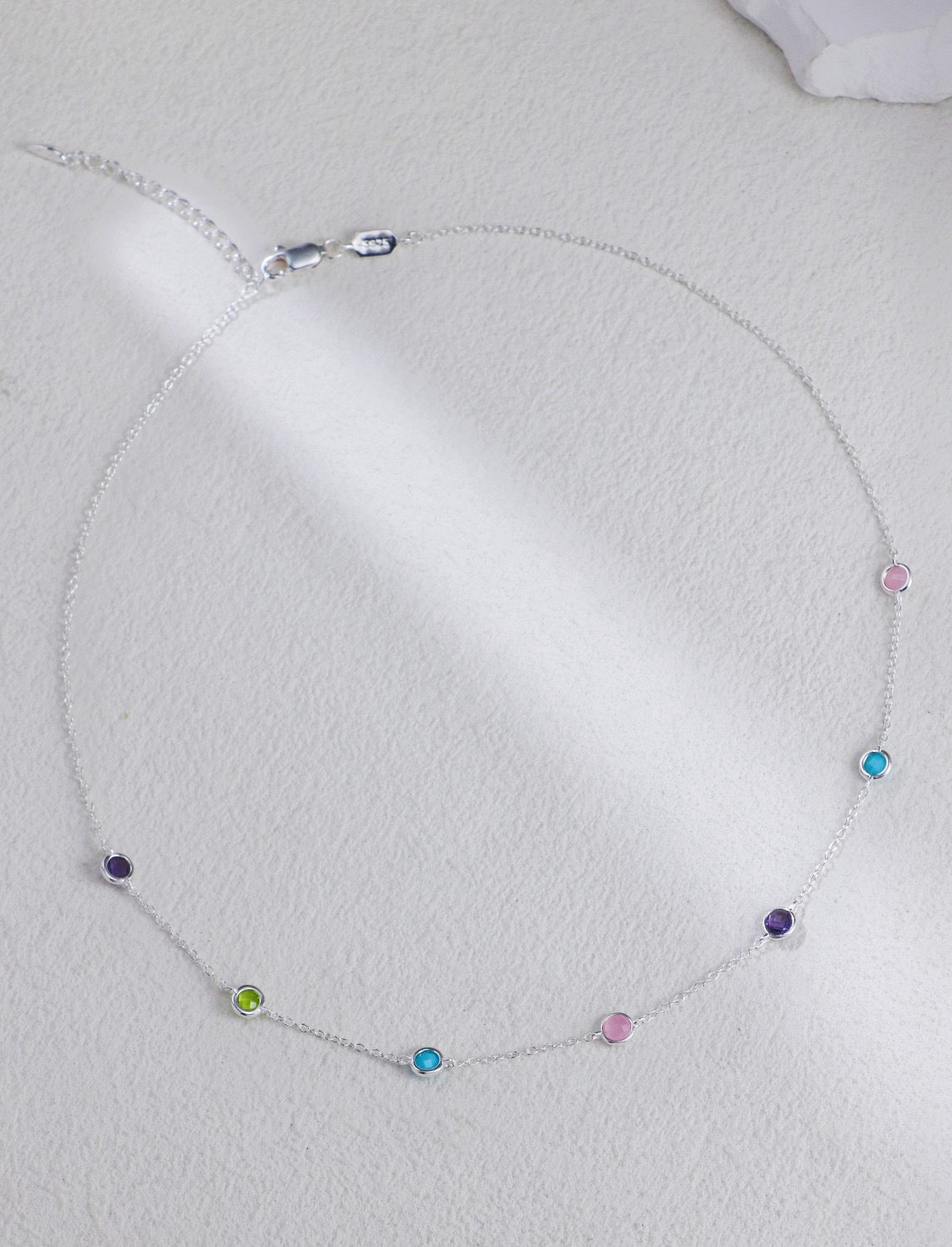 Minimalist Sterling Silver Necklace Round Diamond Cut Color Gemstones
