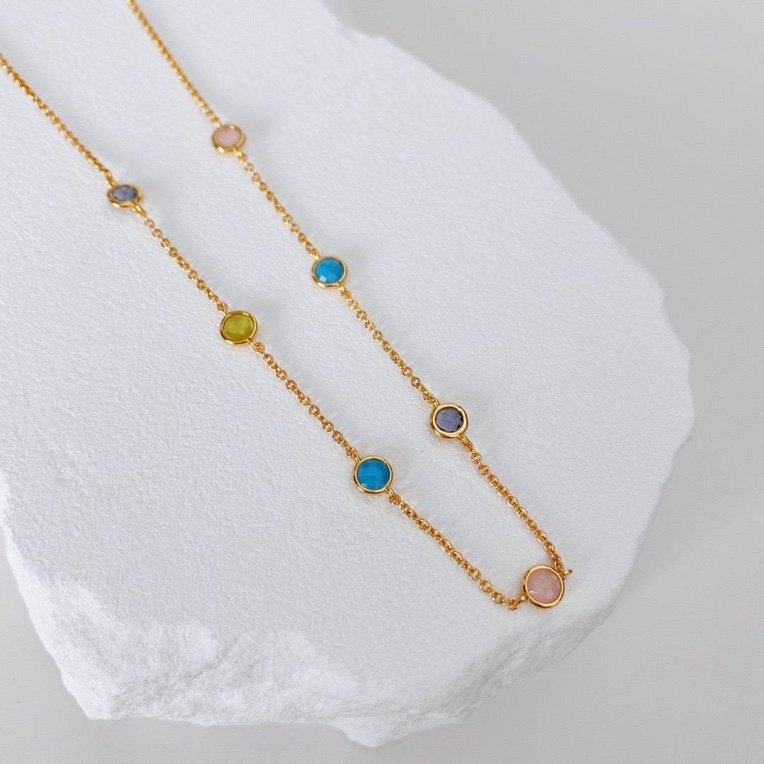 Minimalist Sterling Silver Necklace Round Diamond Cut Color Gemstones