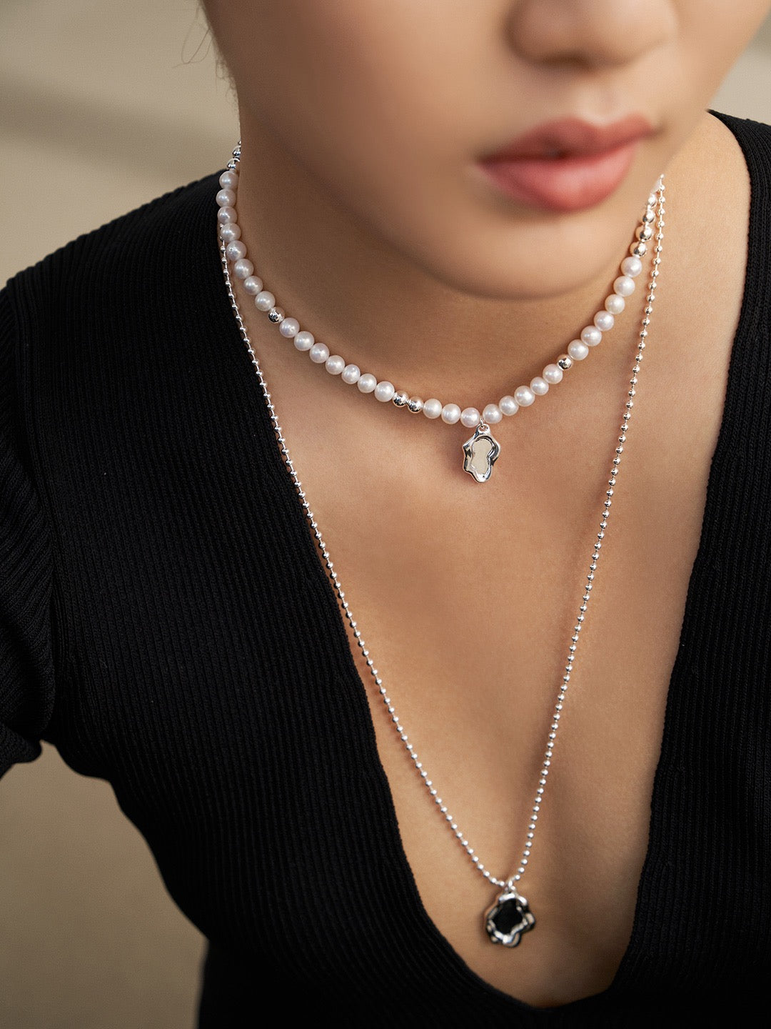 Freshwater pearl necklace with oxidized silver mountain-water pendant – adjustable ethical jewelry