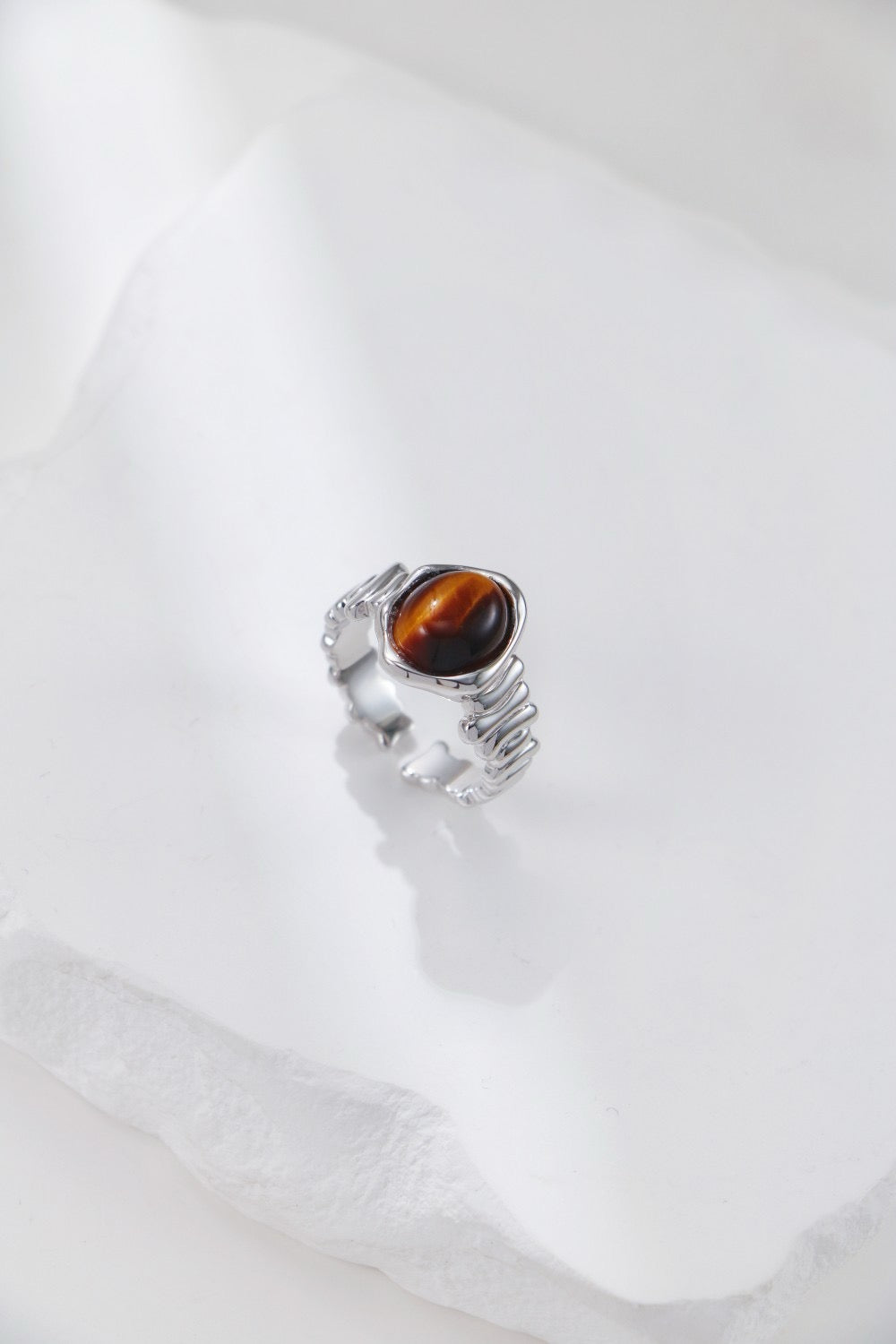 Tiger’s eye sterling silver open ring with organic textured design for grounding calm