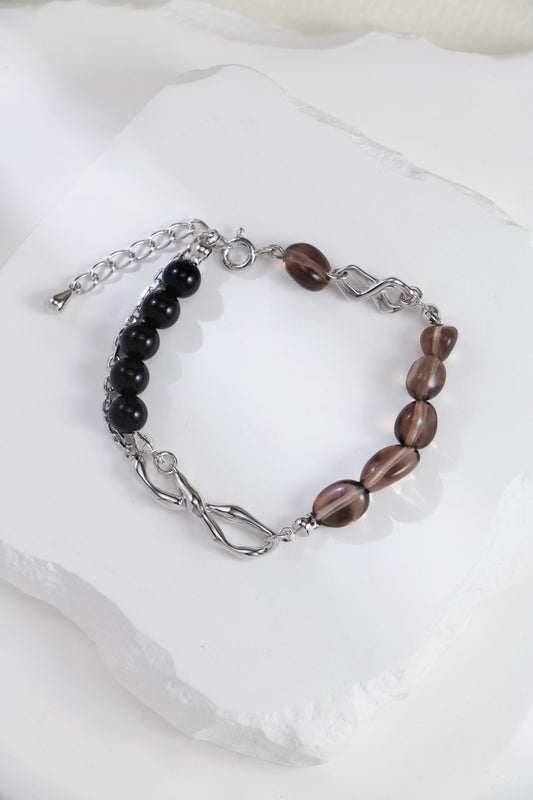Perlenarmband aus Sterlingsilber – Rauchquarz &amp; Schwarzer Onyx