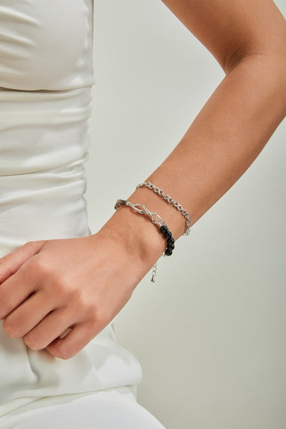 Sterling Silver Beaded Bracelet – Smoky Quartz & Black Onyx